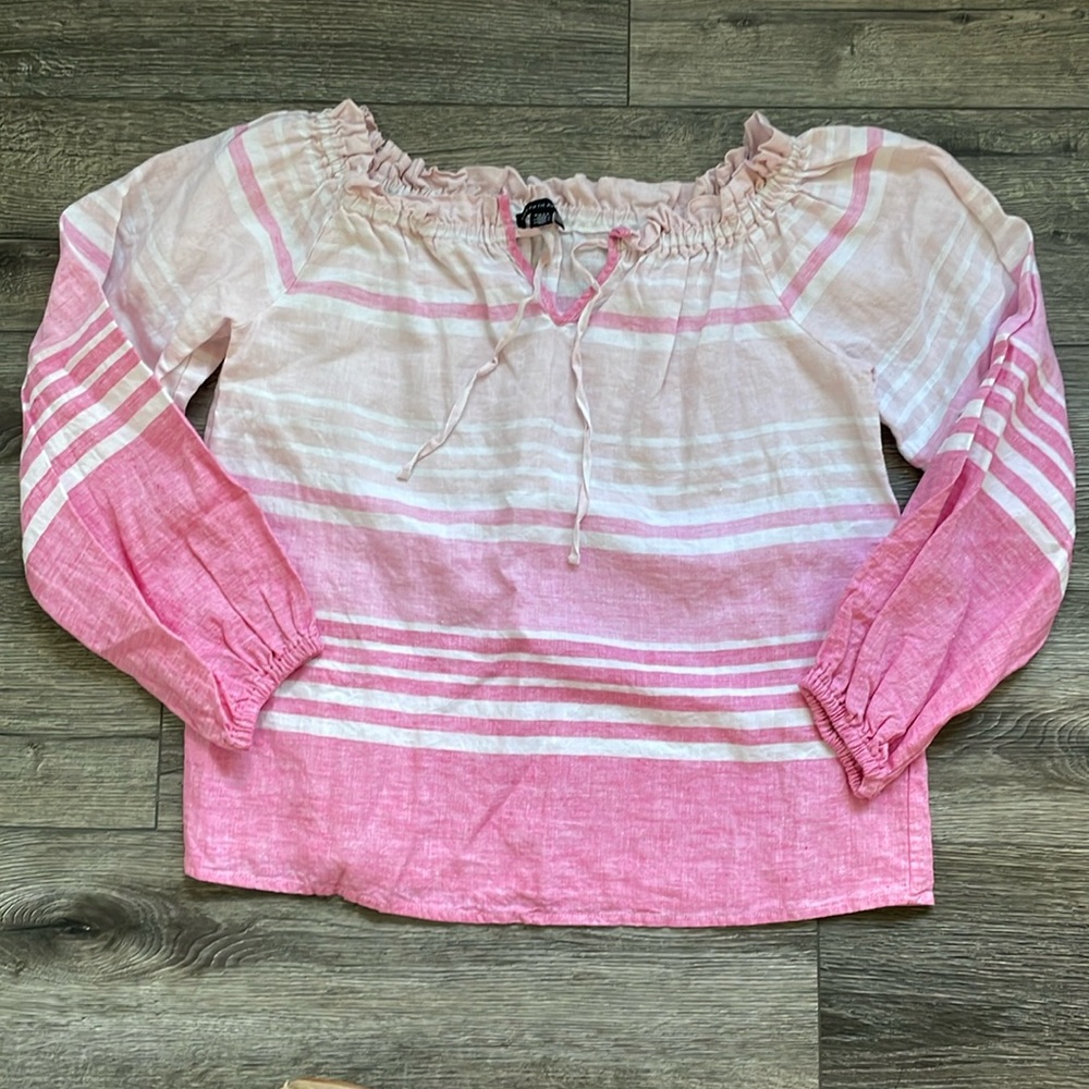 Saks Fifth Avenue | 100% Linen Barbie Pink Stripe Off Shoulder Blouse Top Large